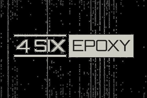 4SIX EPOXY logo with metallic silver text on black digital noise background
